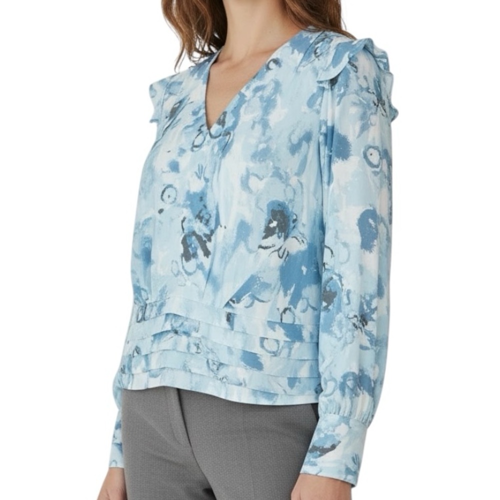 WHITE HOUSE BLACK MARKET Light Blue Floral V-Neck Long Sleeve Blouse SIZE 10